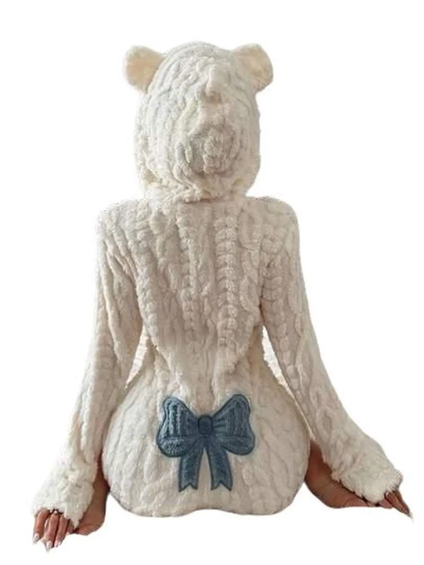 Women's Hooded Jumpsuit, Animal Design with Fluffy Ears, Cute Butterfly Knot Embroidery, Winter Comfortable Home Wear