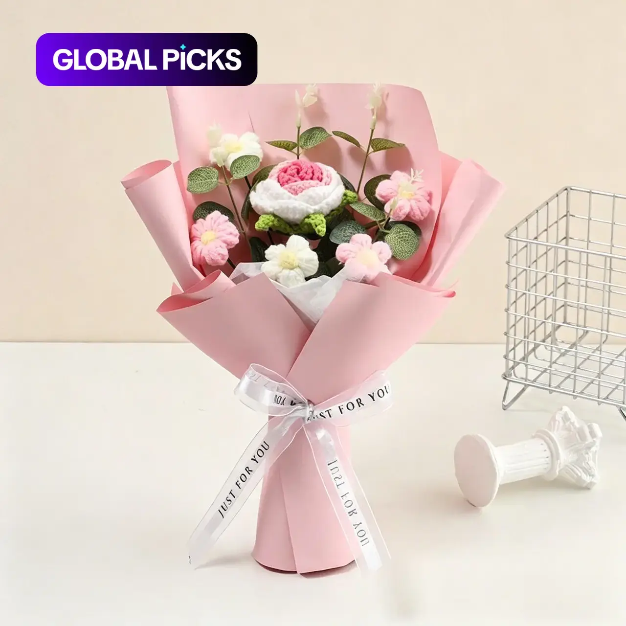 Handmade Crochet Flowers Bouquet, 1 Count Artificial Knitted Yarn Flower Bouquet for Birthday Gift, Home Decor and Party Decor, Fake Floral Decor, Artificial Flower Decoration #GLOBAL PICKS