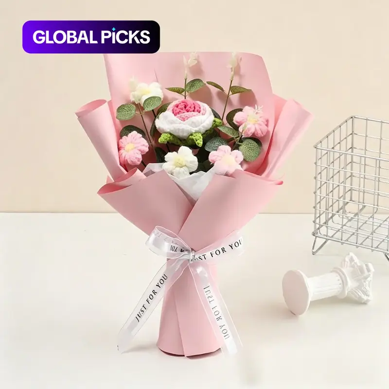 Handmade Crochet Flowers Bouquet, 1 Count Artificial Knitted Yarn Flower Bouquet for Birthday Gift, Home Decor and Party Decor, Fake Floral Decor, Artificial Flower Decoration #GLOBAL PICKS