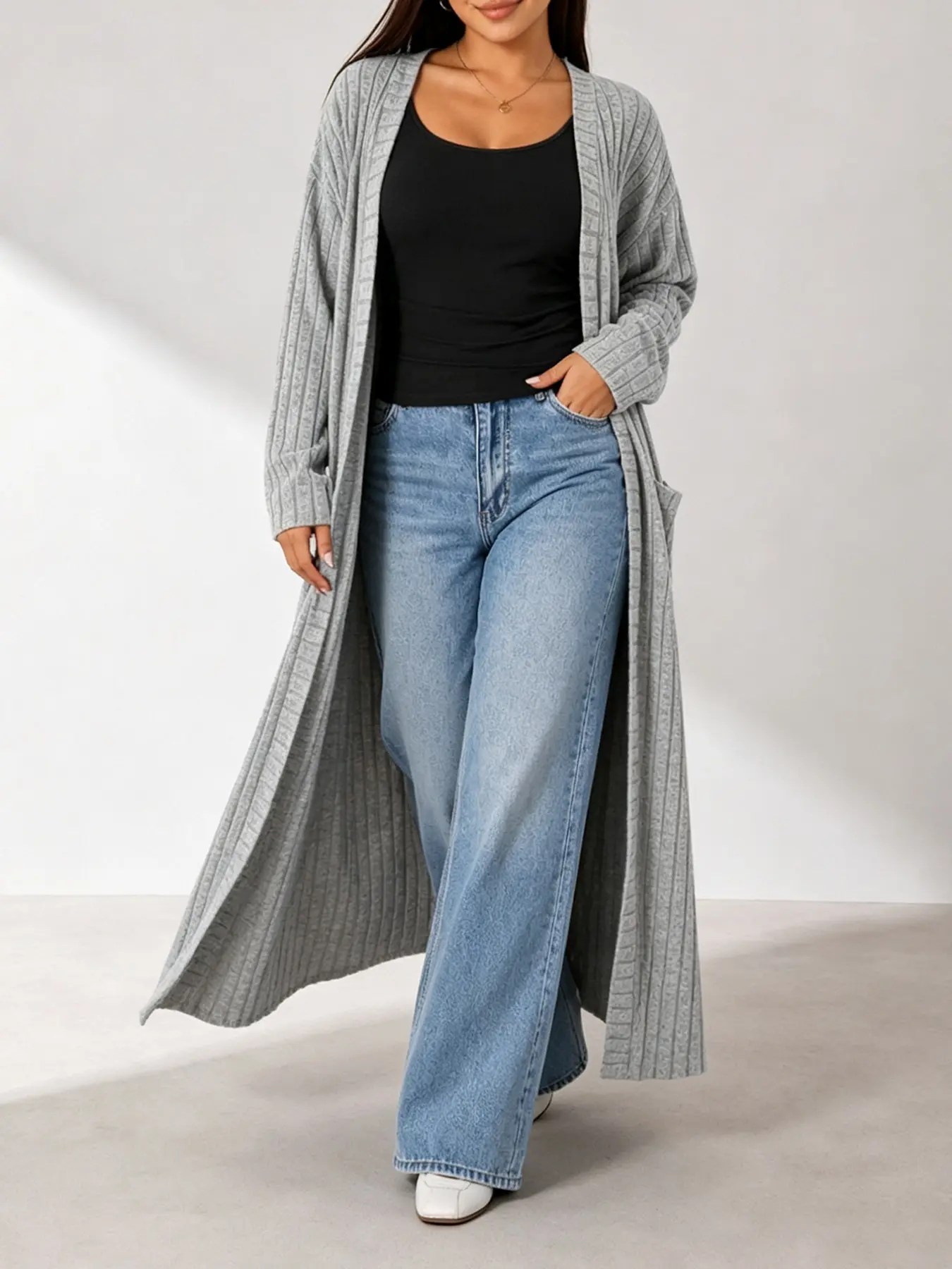 Plus Size Women's Vertical Ribbed Knit Fall Winter Casual Jacket, Long Loose Fit with Pockets, Solid Color Coat for Home and Outdoors