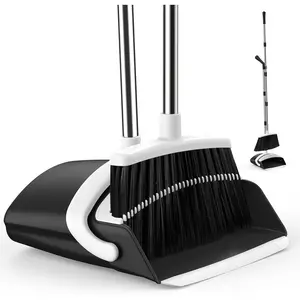 51-in Long Adjustable Handle Broom and Dustpan Combo Set with Dust Pan Teeth for Cleaning Hair, for Home Kitchen Office Lobby Garden Floor Black&White