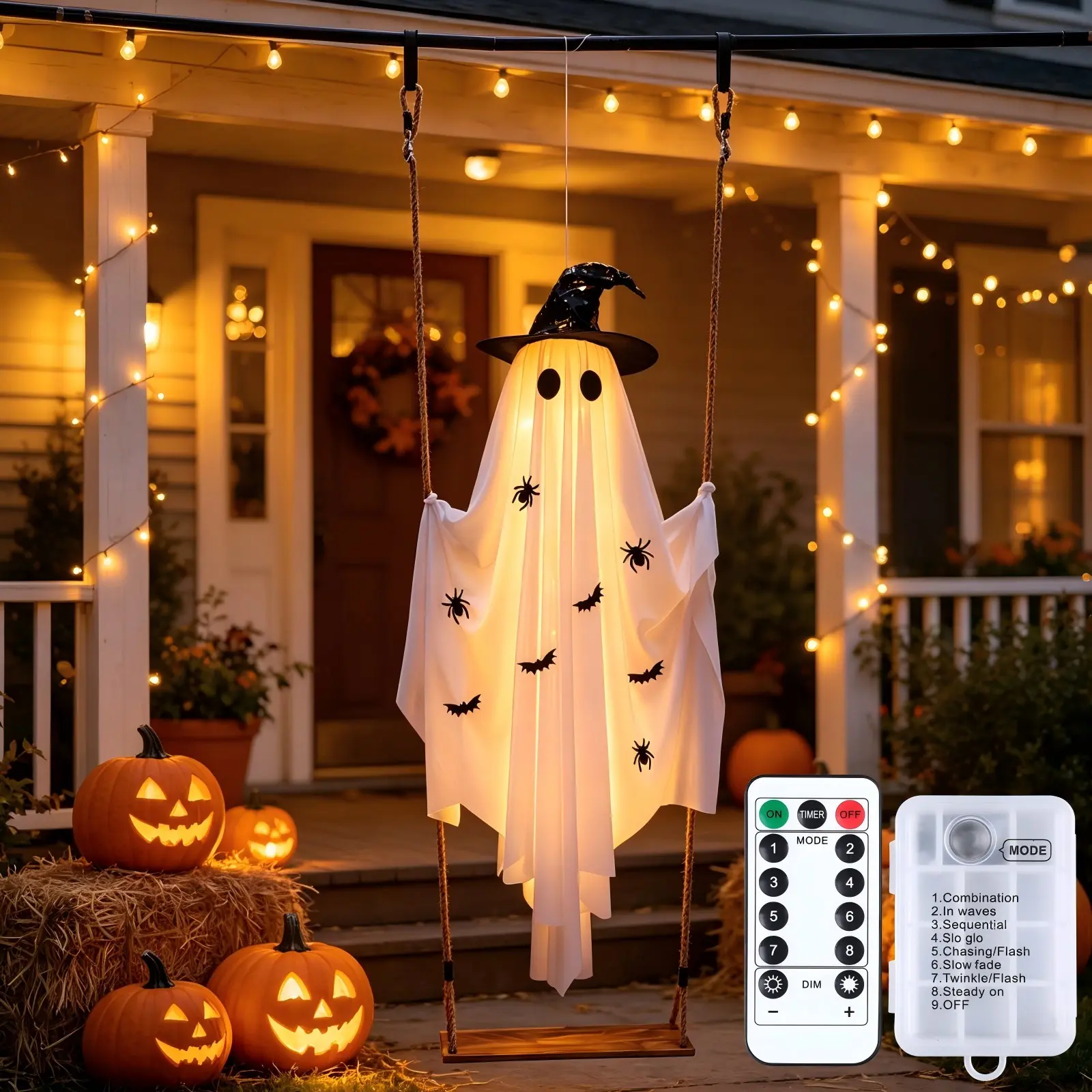 Halloween Glowing Swing Witch Hat Ghost Hanging Decor, Spider Bat Print, Durable Fabric, Garden Party Haunted House Decoration