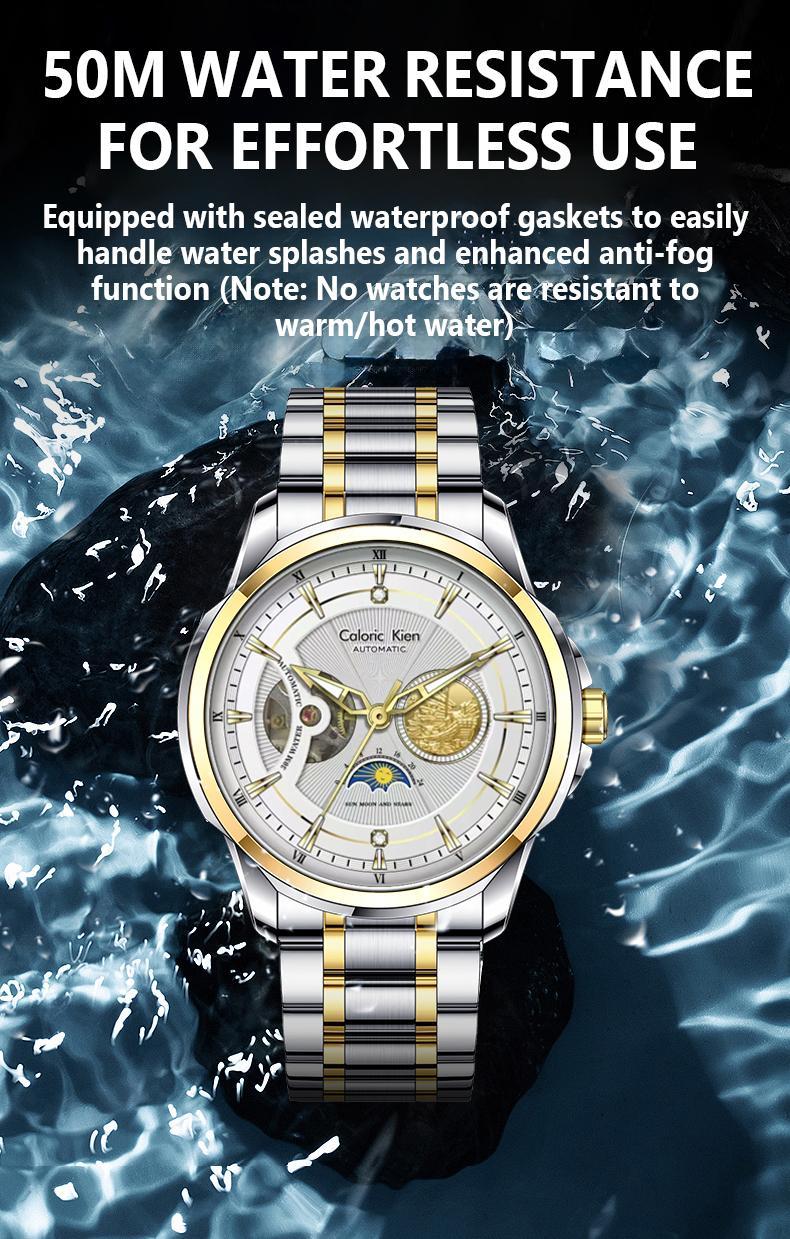 Caloric Kien Explorer Series Men's Automatic Skeleton Mechanical Watch Swiss Movement 42mm Dial Sapphire Crystal Stainless Steel Bracelet Waterproof Shockproof Luminous Luxury for Business Social Events Round Design