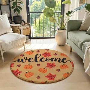 Round Welcome Doormat, Fall Pumpkin Maple Leaf Acorn Front Door Mat, Non Slip Farmhouse Autumn Harvest Entrance Rug for Indoor Outdoor Thanksgiving Home Decor