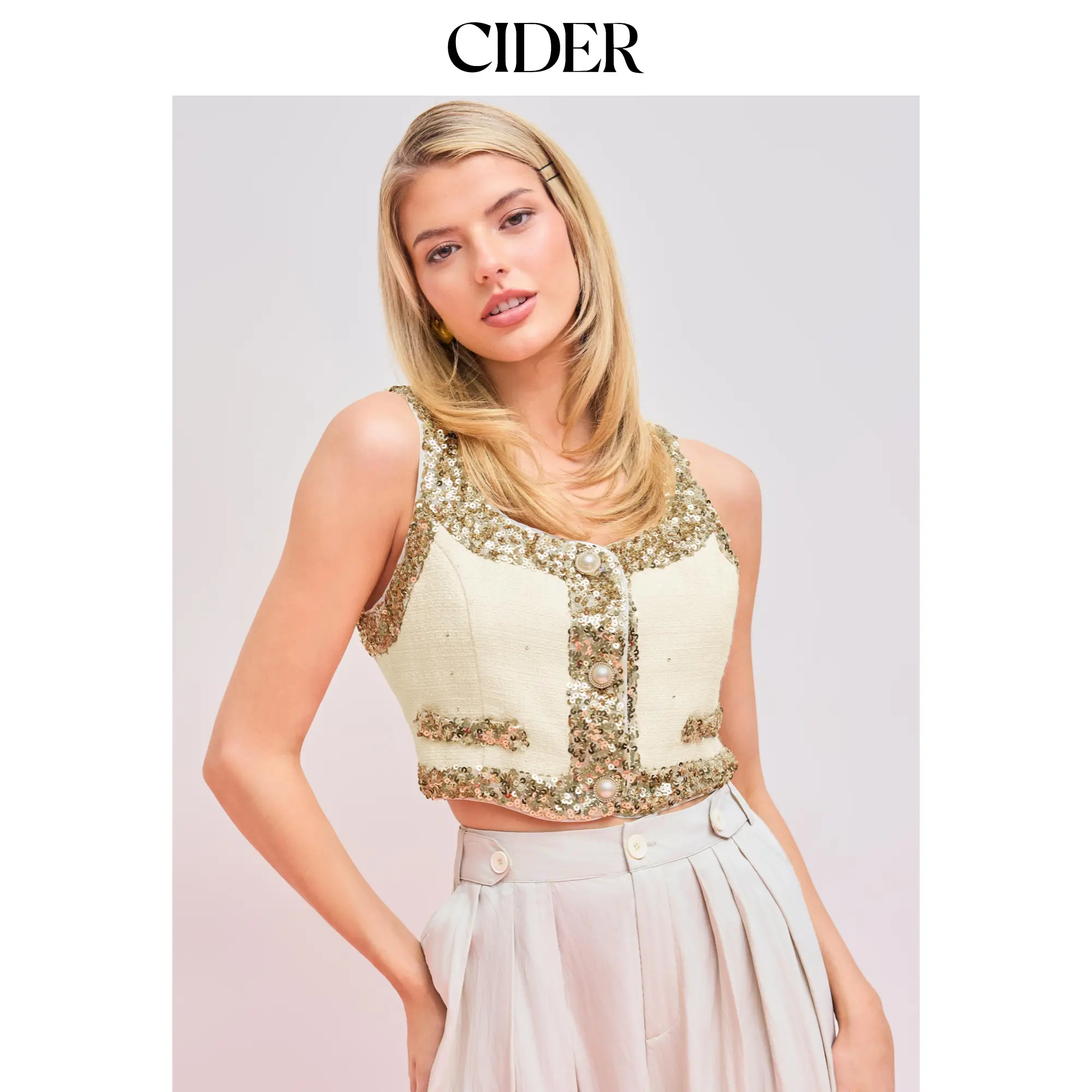 Cider [size 2-10] Sequin Solid Contrasting Binding Crop Jacket Vest