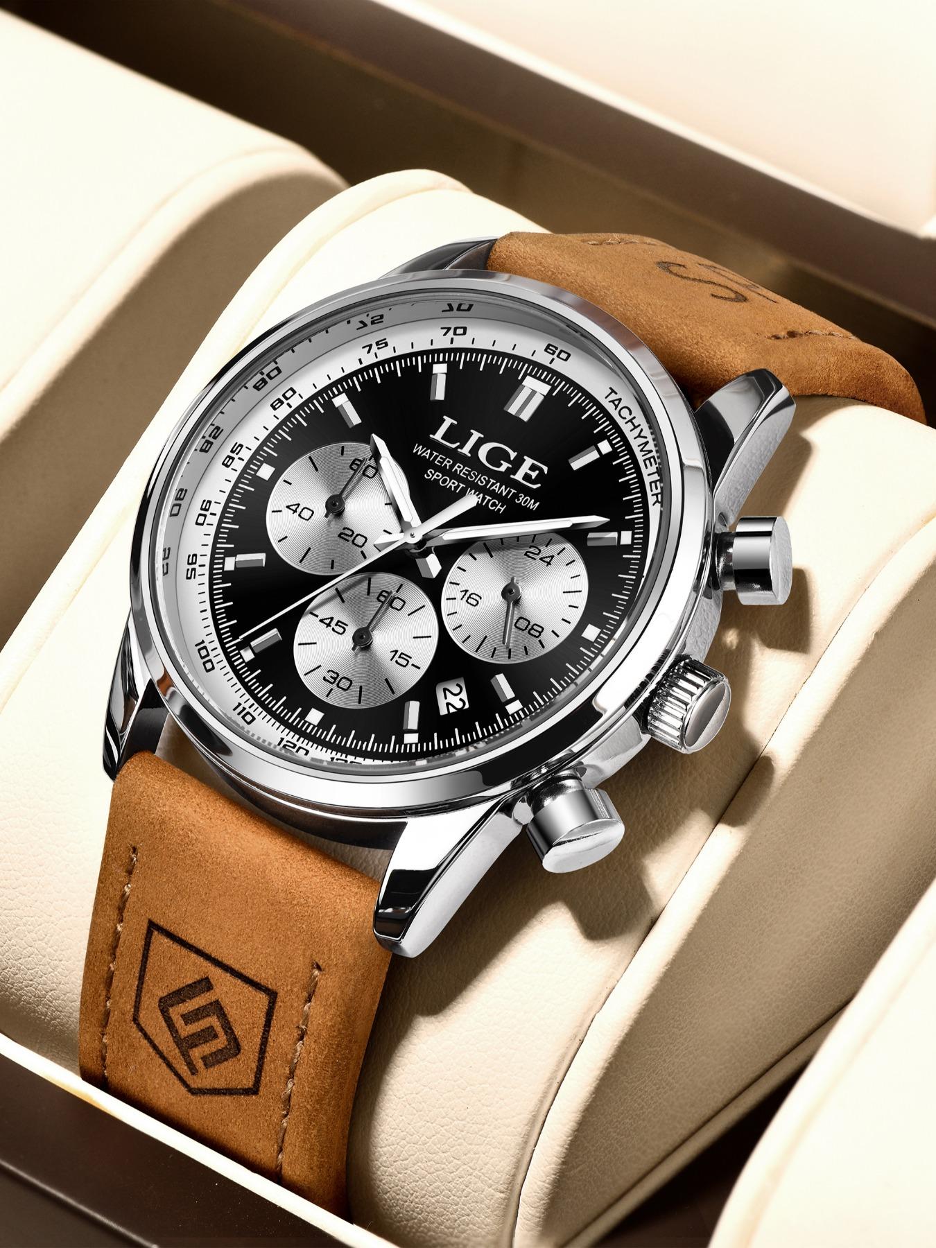 Lige Casual Gentleman Fashion Waterproof Luminous Calendar Chronograph Quartz Watch, Multiple Colors, Perfect Gift, Silver Color