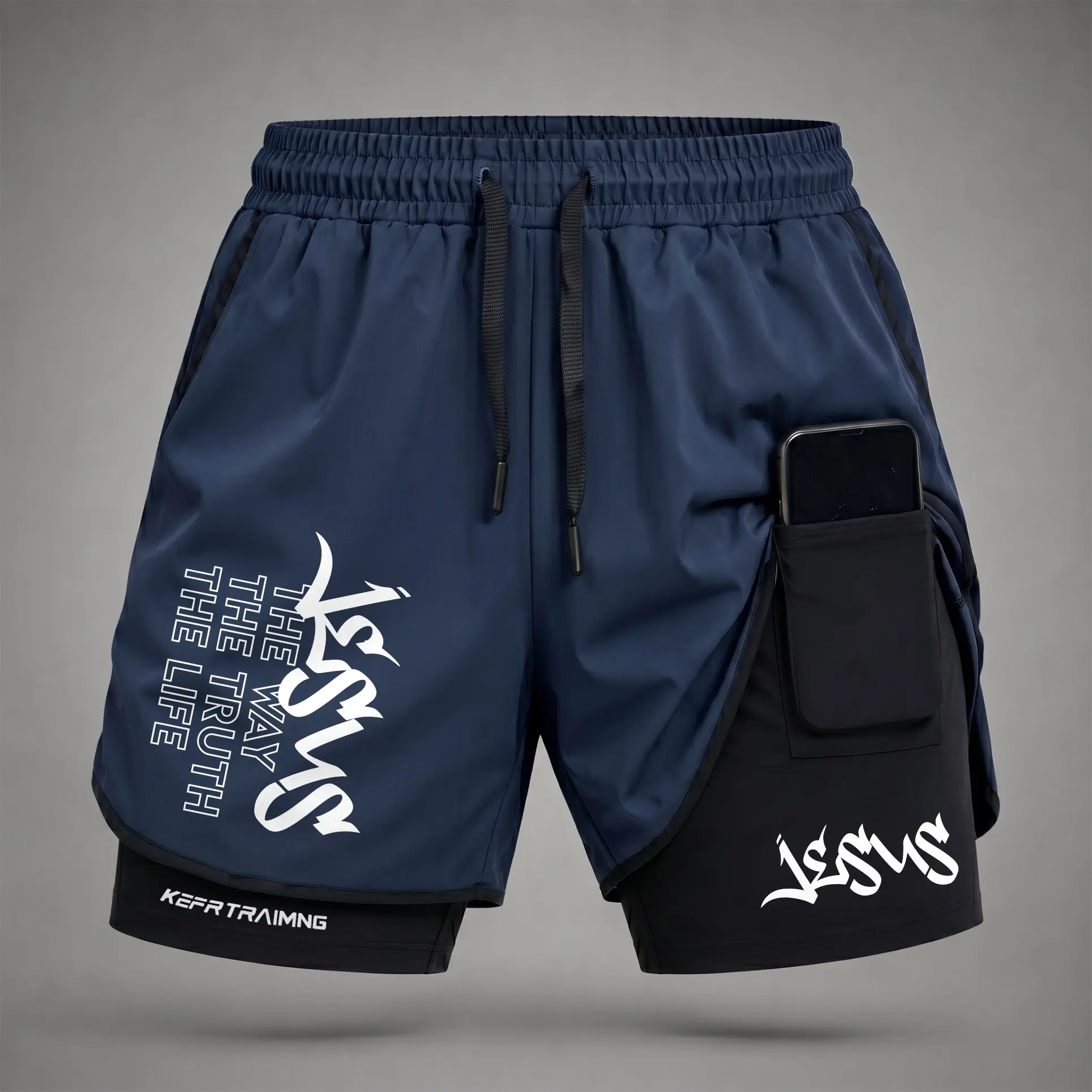 Men’s Jesus Letter Graphic Print 2-in-1 Athletic Shorts, Built-in Compression Liner, Secure Inner Phone Pocket, Elastic Drawstring Waist, Quick-Dry Gym Running Training Shorts for Summer Daily Wear