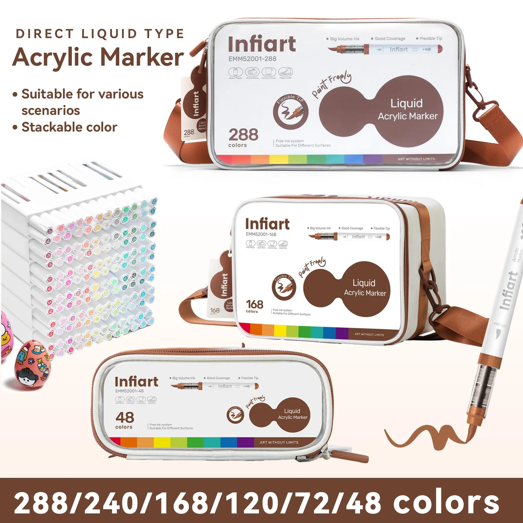 48-360 Color Marker Set, Liquid Core Acrylic Paint Pens, Brush Tip, Storage Base, Ideal for Rock, Ceramic, Wood, Canvas, Glass, Fabric Art