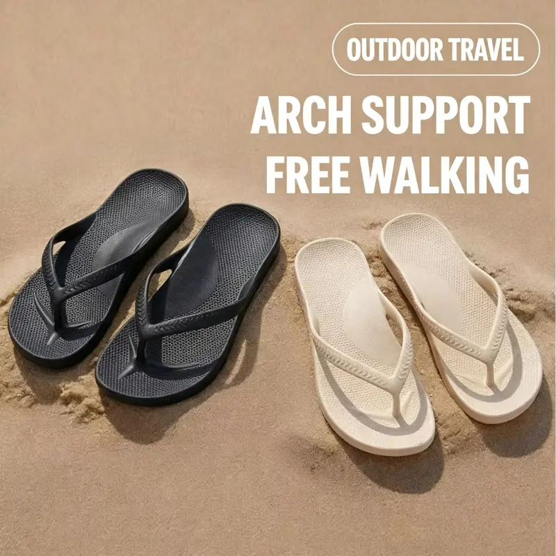 Women's Lightweight EVA Arch Support Thong Sandals, Solid Casual Non-Slip Soft Cushioned Orthotic Flip Flops for Summer Beach Pool Daily Walking, Thong Strap, Anti-Slip Grain, Home Shower, Hotel Use, Indoors, No Heel, Outdoor, Ribbed Textured Thong Strap