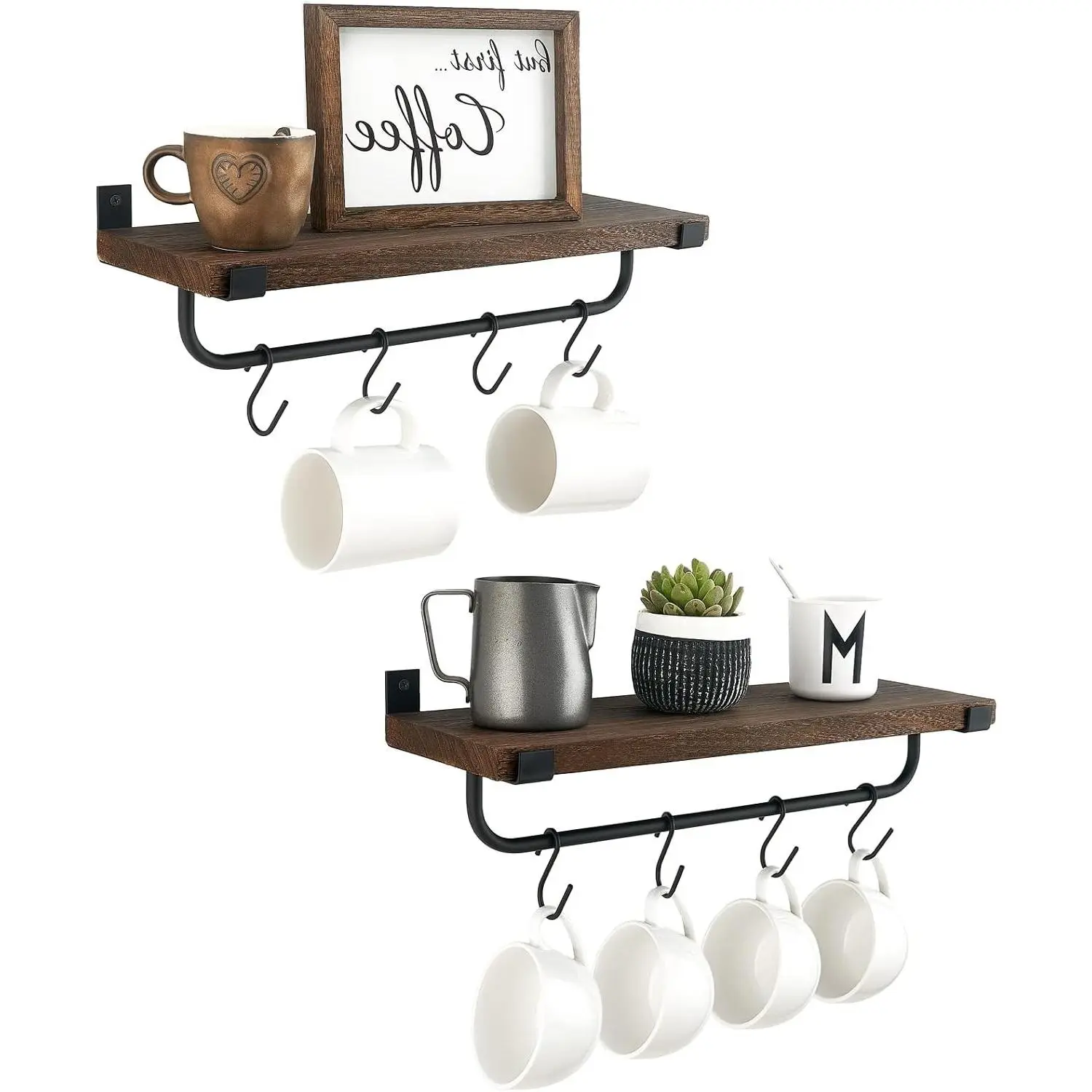 Rustic Wall Mounted Coffee Bar Mug Rack with Hooks, 2 Pack - Kitchen Wall Shelf Organizer with 8 Hooks, Frees Counter Space, Easy Install, Multi-Function for Kitchen Dining RoomGift