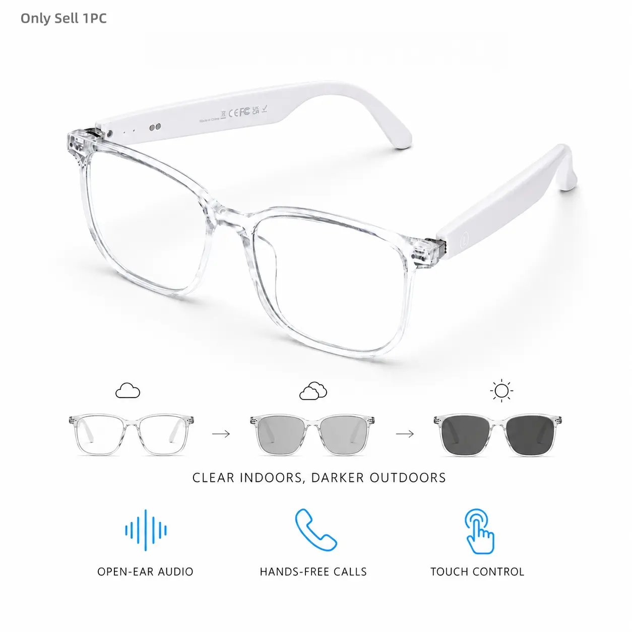 Photochromic Smart Glasses, Bluetooth Audio Glasses with Open-Ear Speakers, Hands-Free Calls, Touch Control, Voice Assistant and Remote Camera