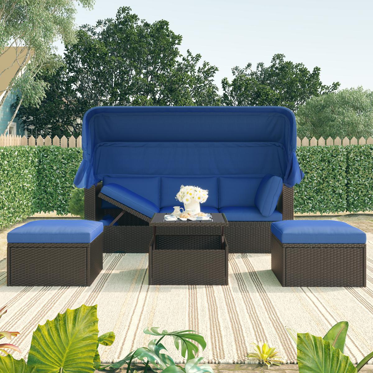 Outdoor Patio Rectangle Daybed with Retractable Canopy,  Wicker Furniture Sectional Seating with Washable Cushions, Backyard, Porch(As same as WY000263AAE)