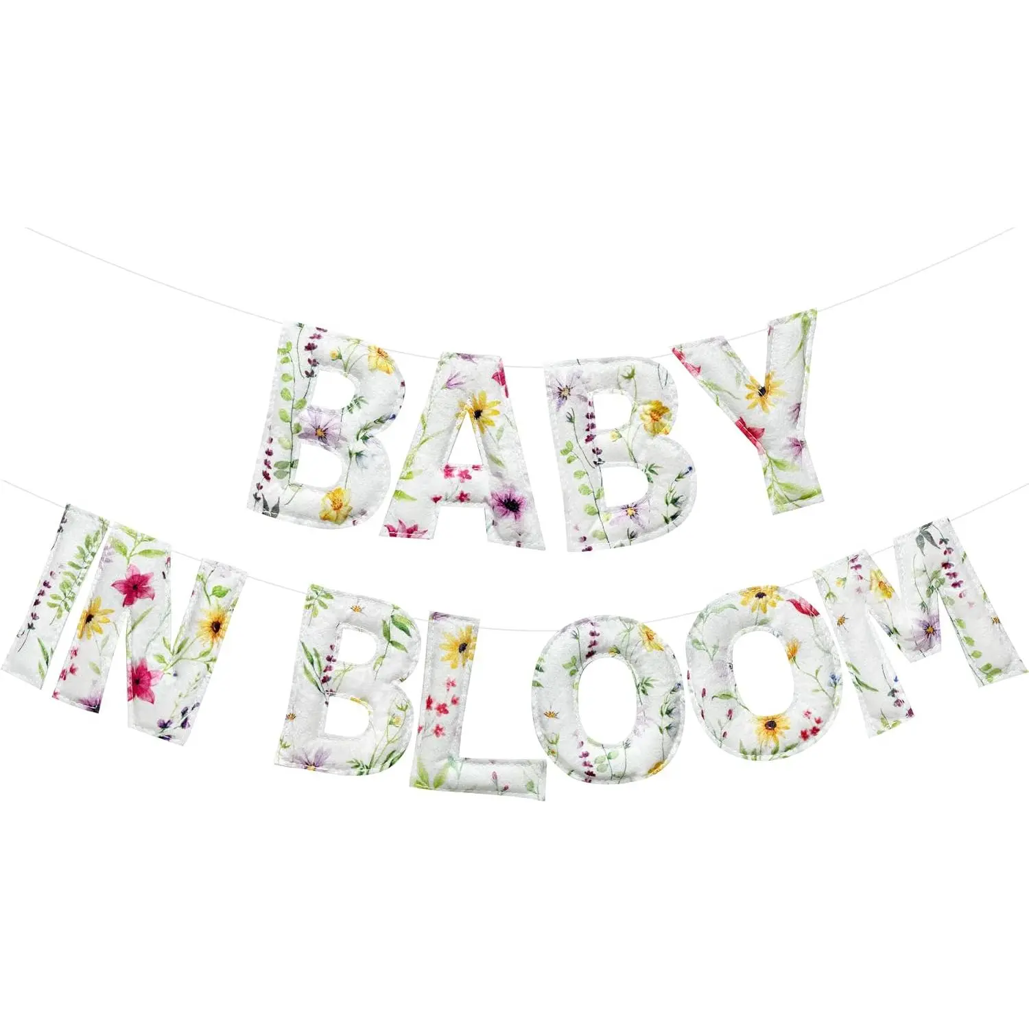 Wild Flowers Baby in Bloom Baby Shower Pre-Strung Handmade Felt Floral Flowers Banner Garland Bunting for Welcome Home Baby Party Nursery Home Fireplace Mantle Wall Backdrop Decorations Supplies