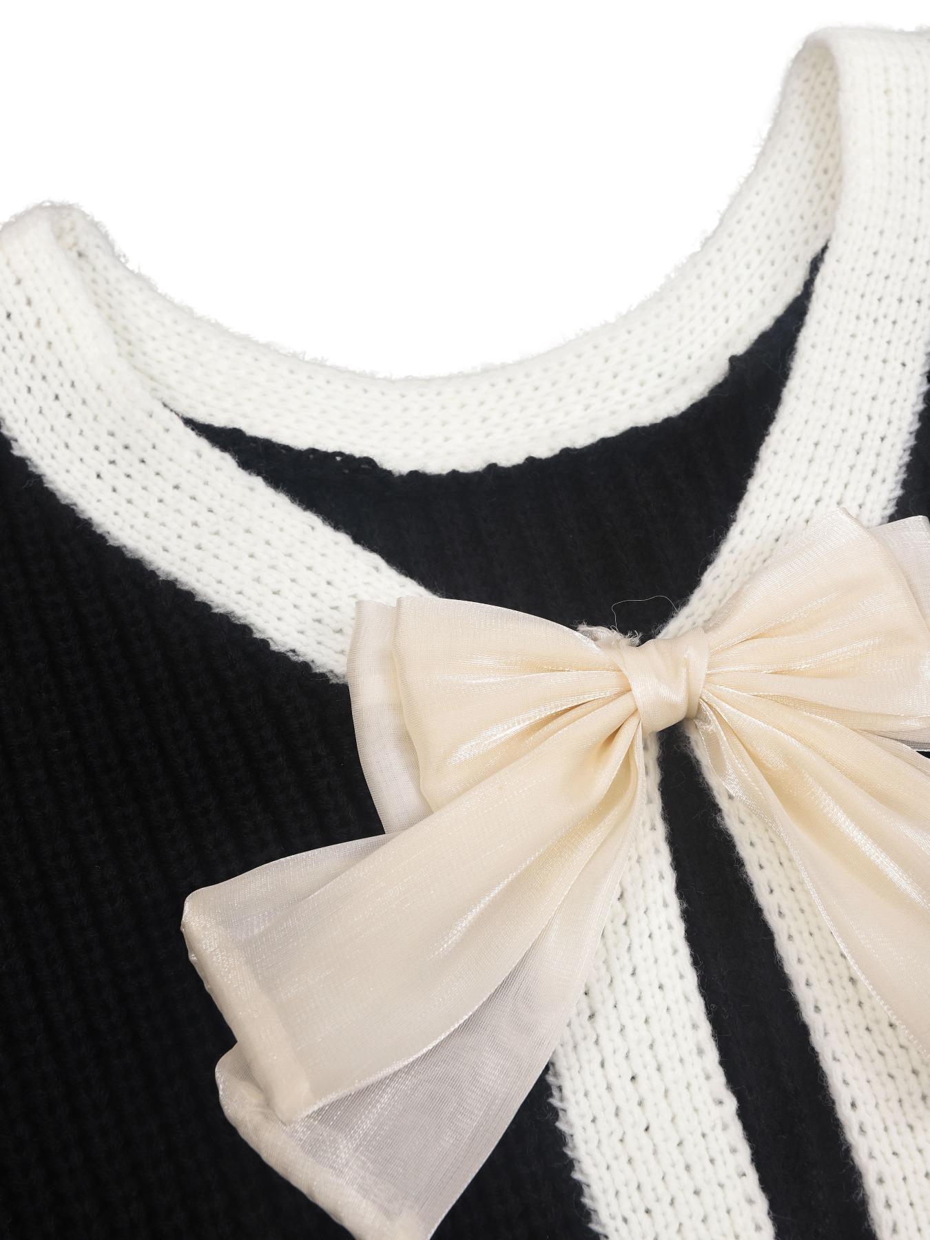 Women's Colorblock Bow Decor Contrast Binding Drop Shoulder Sweater, Elegant Long Sleeve Jumper for Fall & Winter, Fashion Ladies' Knitwear for Daily Wear Tops, Knit Sweater Clothing