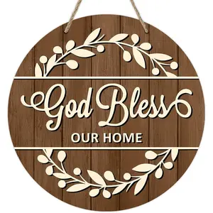 Christian God Bless Our Home Front Door Sign, Religious Faith Farmhouse Wood Door Hanger Outdoor Outside Decor, Rustic Wooden Wreath Indoor Wall Hanging Decoration