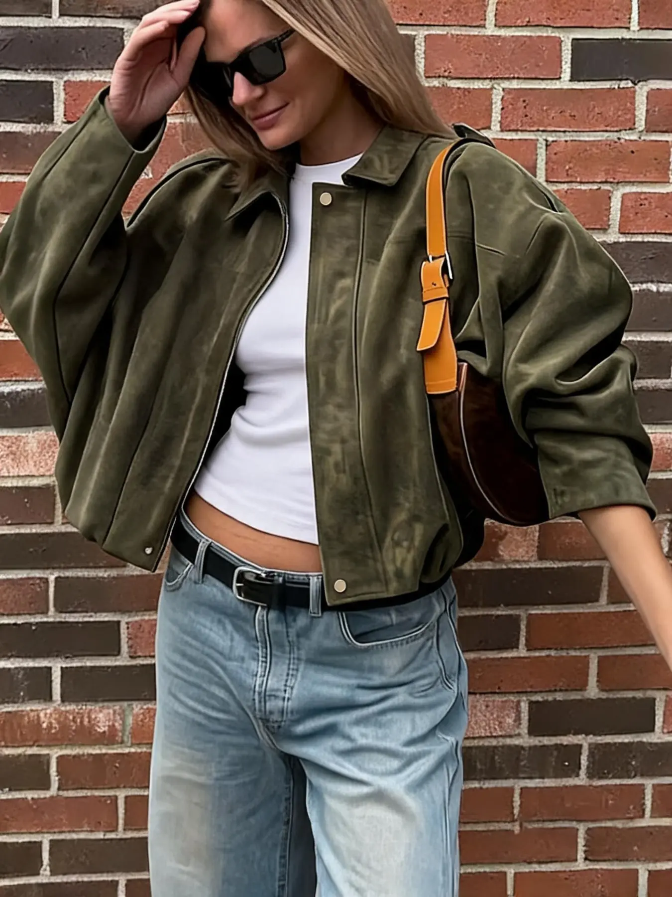 Women's Loose-Fit Vintage Pilot Jacket Coats, Lapel Full Zipper Imitation Suede, Casual Outerwear for Spring & Fall, Plain Surface Design