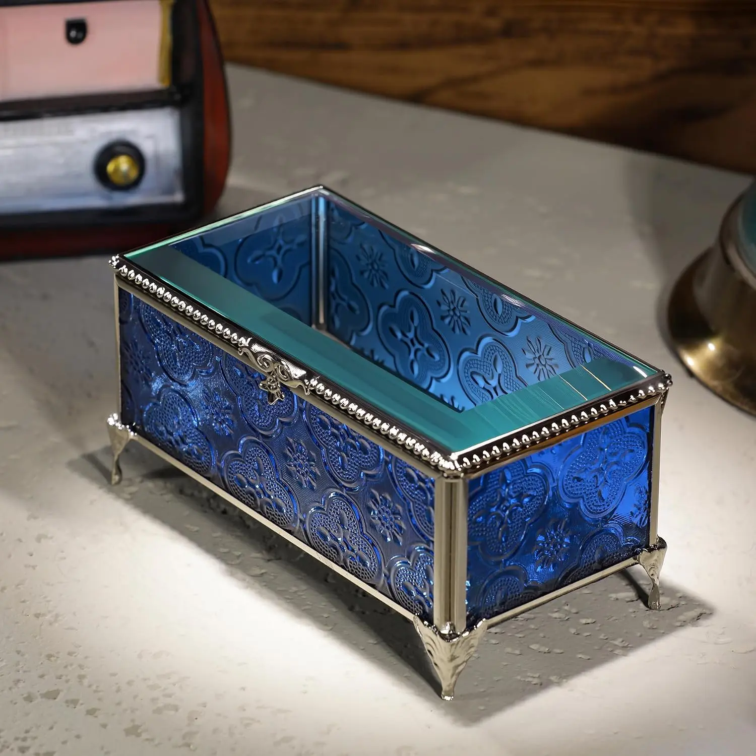 Glass   Box  storage Trinket Ring Display Box  Decor Embossed Clear Glass Box Organizer(6.5x3.5x3.3Inches)