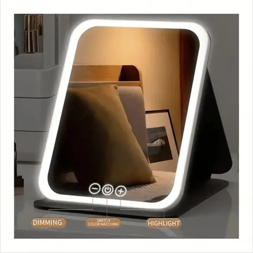 USB-Powered Intelligent LED Cosmetic Mirror, Equipped with 3 Color Temperatures (White, Natural, Warm), Brightness Adjustable, Touch Screen Operation, Stylish Vanity Mirror for Beauty Fans, Plastic Housing.