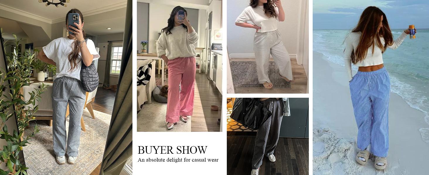 Danedvi Womens Boxer Pants Striped Lounge Pajama Bottoms Elastic High Waisted Wide Leg Trousers with Pockets Black Fabric