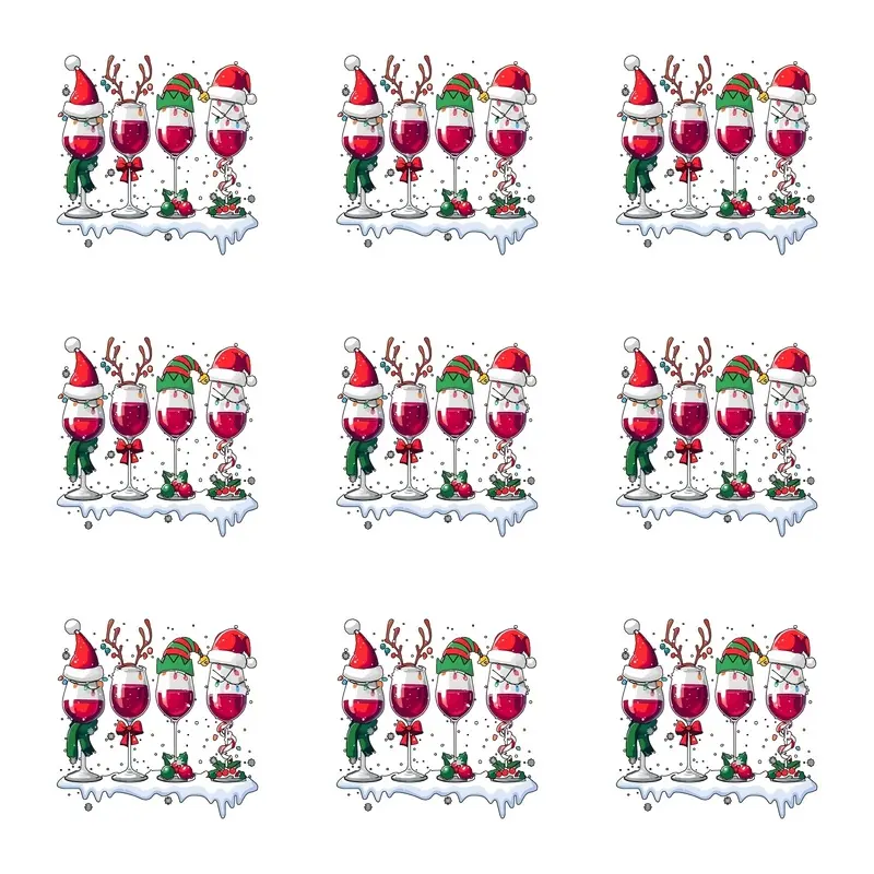 9 Piece Christmas Iron On Patch Set Santa Elf Reindeer Wine Bottle Designs for Clothing Festival Decoration