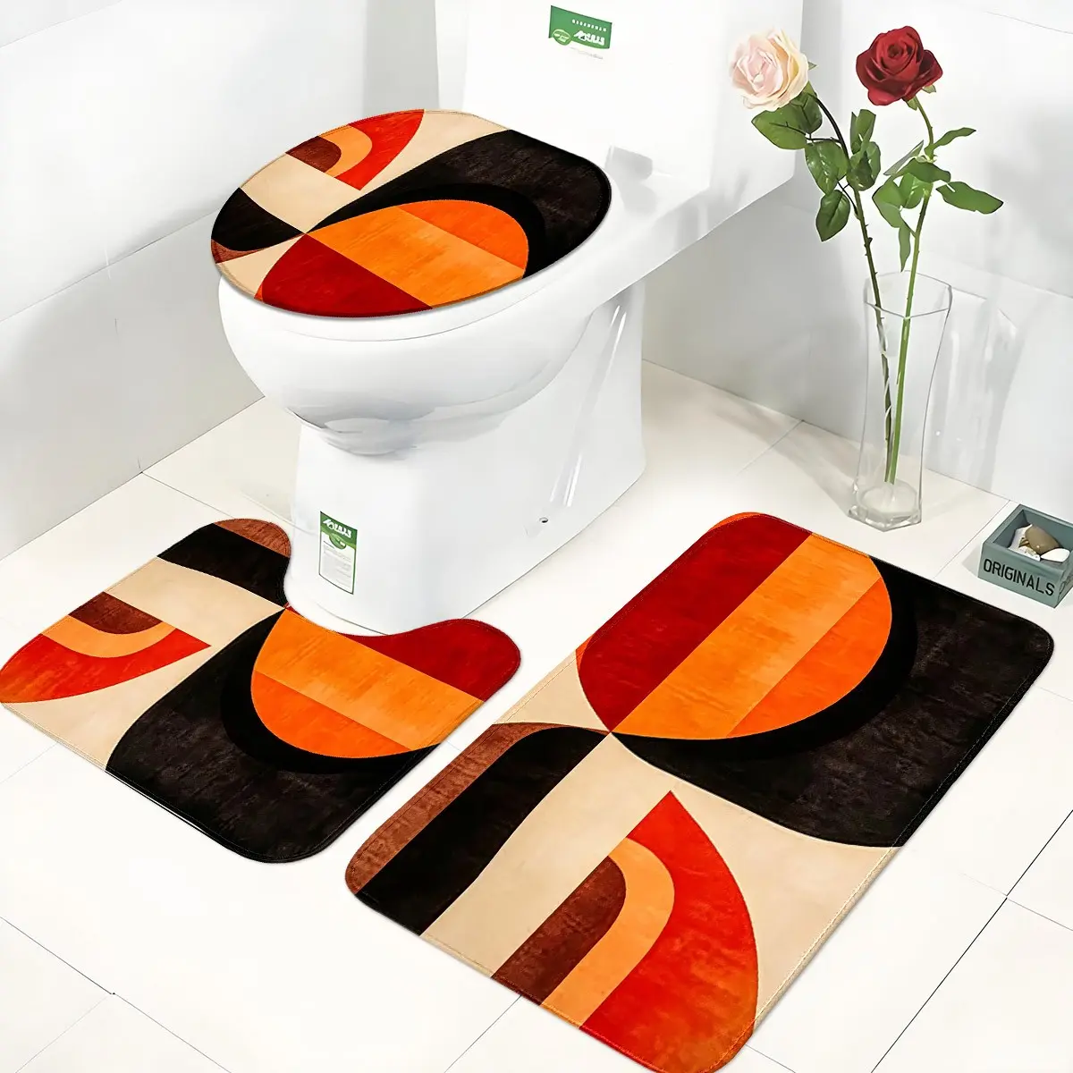 3pc Black Orange Geometric Coil Bath Mat Set, 100% Polyester Absorbent Non-Slip Rugs for Washroom Bathroom Entryway, Bathroom Mats Set, Soft Skin-Friendly & Easy Clean, Modern Contrast Home Decor Gift