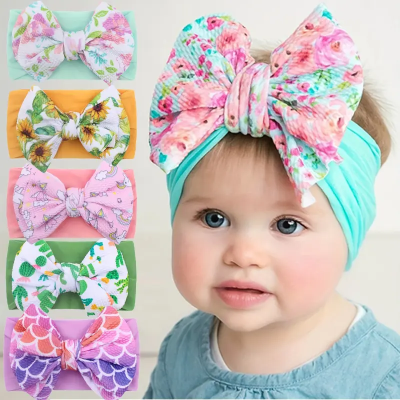 Baby Girls' Graphic Print Bow Headband - Polyester Twill Bubble Print Fabric, Elastic Band, 1 Size Fits Toddlers 0-3Y, One Size Fits