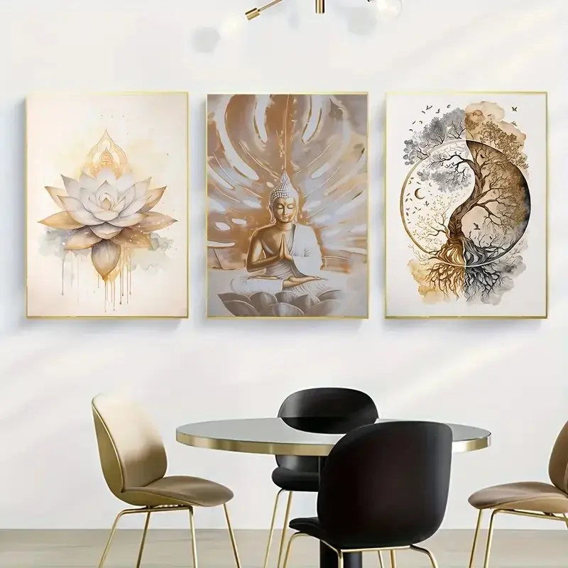 3pcs/set Nordic Tree of Life & Buddha Canvas Prints Modern Buddhist Lotus & Tai Chi Yoga Wall Art Poster for Living Room Spiritual Decor
