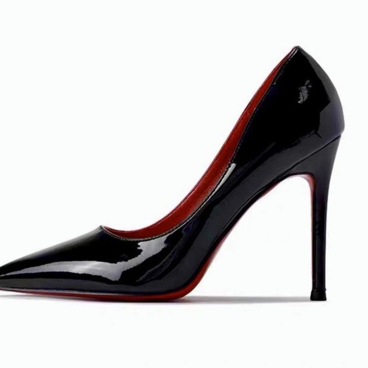 Spring Black Red Sole High Heels Women Pointed Toe Thin Heel Sexy Glossy Elegant Single Shoes Patent Leather Women Shoes