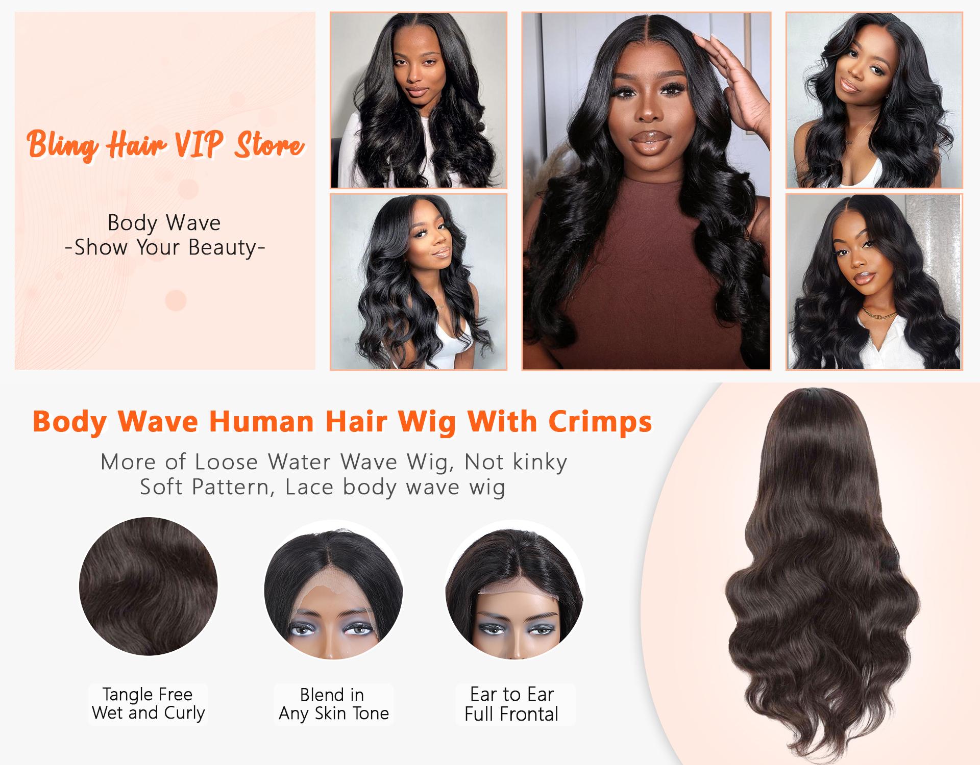 Bling Hair 13x4 13x6 HD Transparent Lace Frontal Wigs Human hair Pre Plucked Brazilian Body Wave Frontal Wigs Human Hair with Baby Hair 10A Grade 180 Density Natural Hairline Natural Black Color