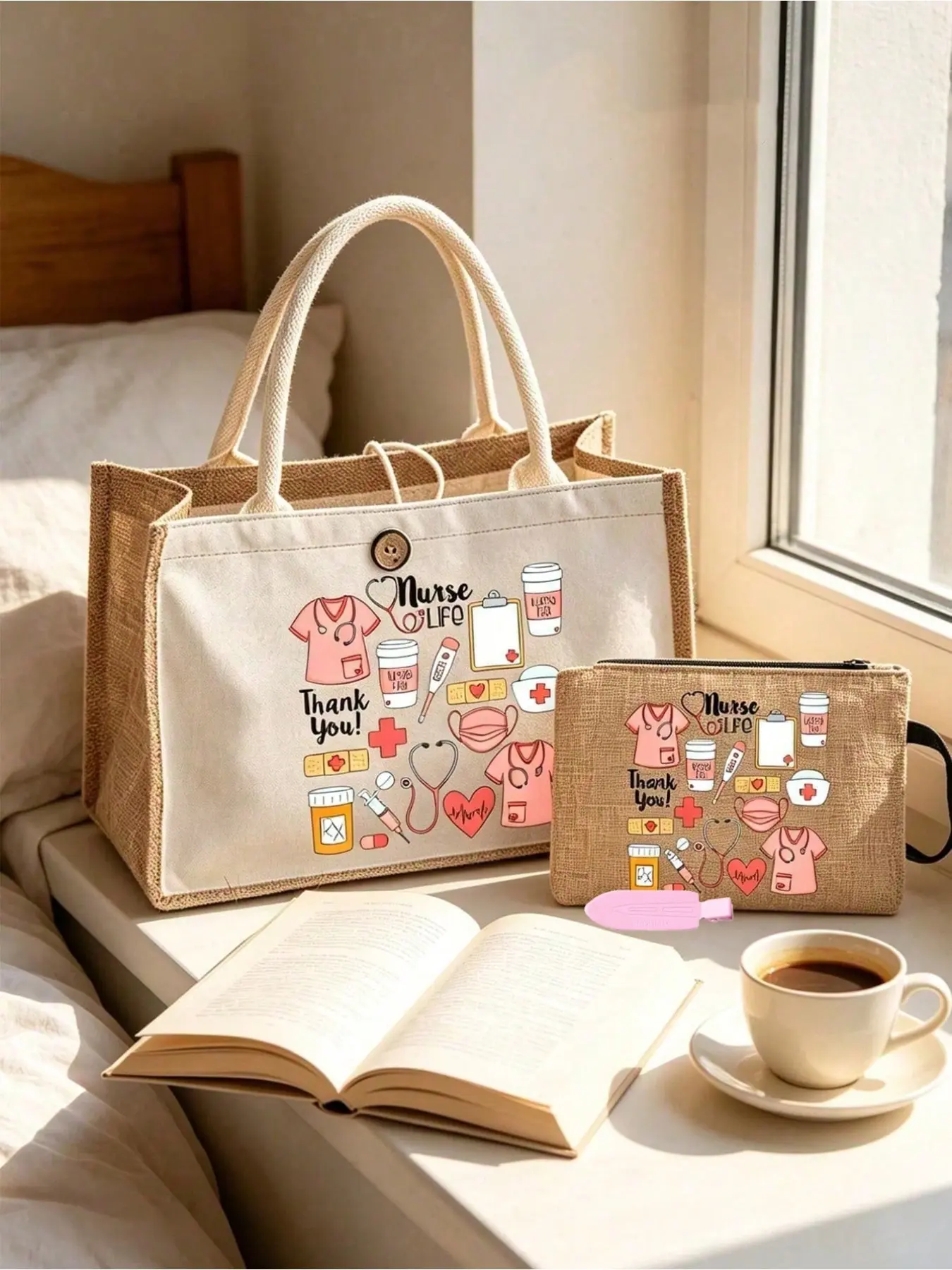 Canvas Large Capacity Nurse Theme Handbag and Makeup Bag Set, Durable Lightweight, Multi-Purpose Storage, Ideal for Work, Travel, Gifts