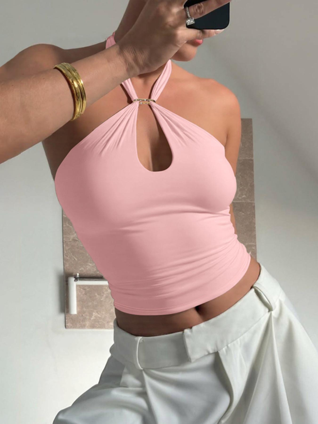 Women's Solid Backless Halter Neck Tank Top, Fashion Casual Adjustable Strap Sleeveless Top for Daily Outdoor Wear, Ladies Clothes for Summer