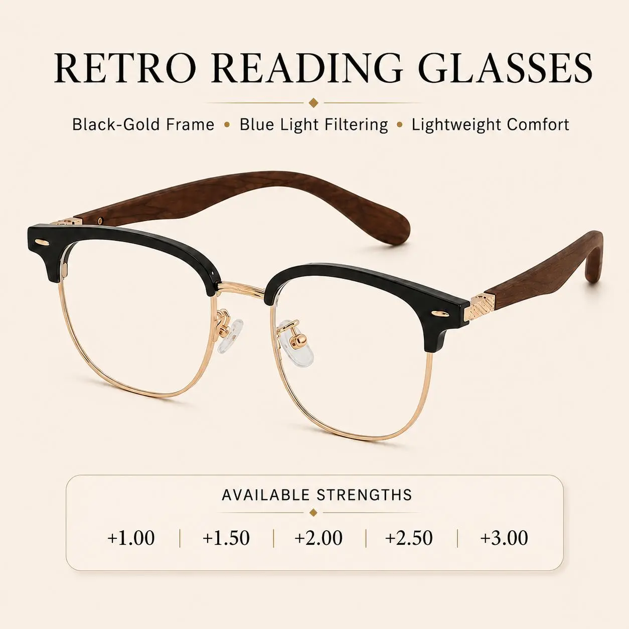 Retro Reading Glasses for Women Men, Black Gold Full Frame Readers, Blue Light Filtering, Lightweight Clear Lens Eyewear with Case, Lightweight Everyday Eyewear for Reading Phone Computer Work, +1.00 to +3.00