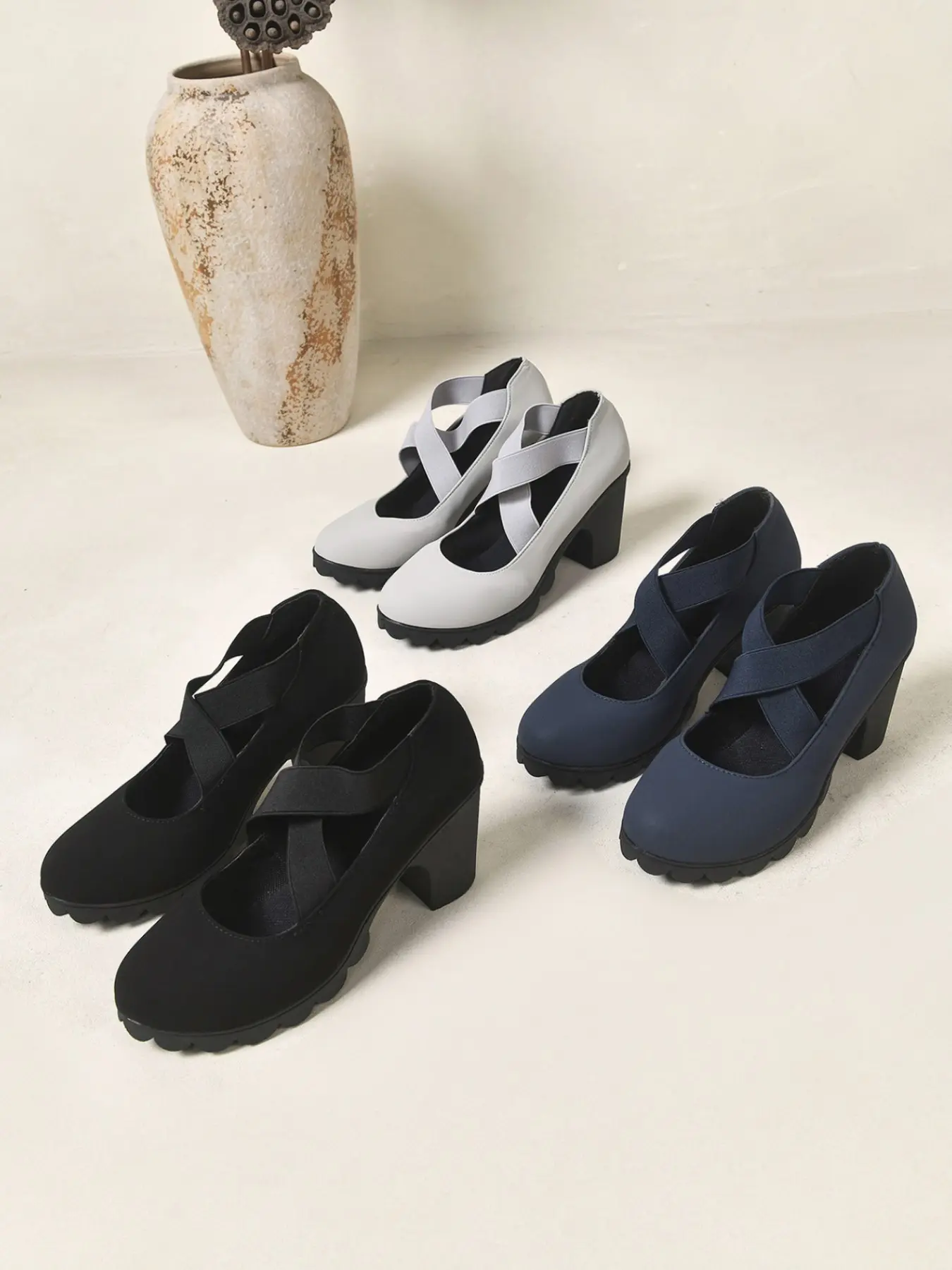Women's Cross Elastic Strap Chunky Heel Shoes, Round Toe Anti-Slip Wave Sole Mary Jane, Comfortable High Heels for Office, Date, Wedding
