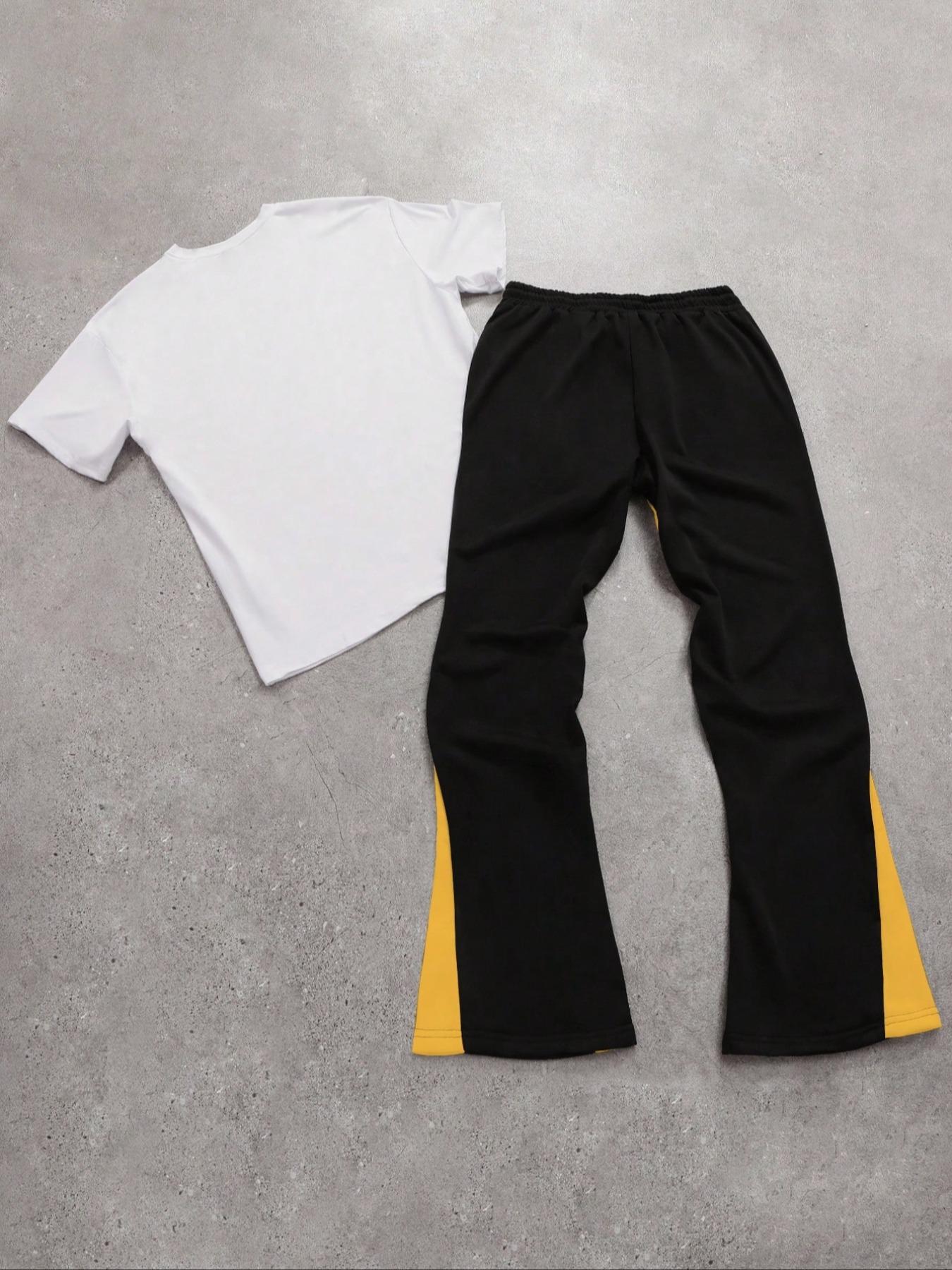 Two-Piece Set Menswear Men's Figure Graphic Tee & Colorblock Drawstring Waist Flare Leg Sweatpants, Regular Fit Round Neck Short Sleeve T-Shirt & Bell Bottom Trousers, Casual Fashion Cozy Breathable Men Two-Piece Outfits for All Seasons