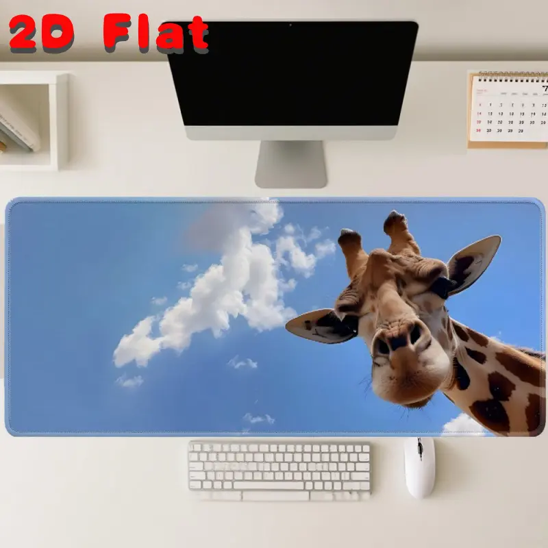 Cute close-up giraffe blue sky extended mouse pad, non-slip animal print gaming desk mat, fun wild animal cloud background keyboard mat, suitable for office and bedroom decoration, a cute giraffe desk mat gift for animal lovers and children, 2D flat desig