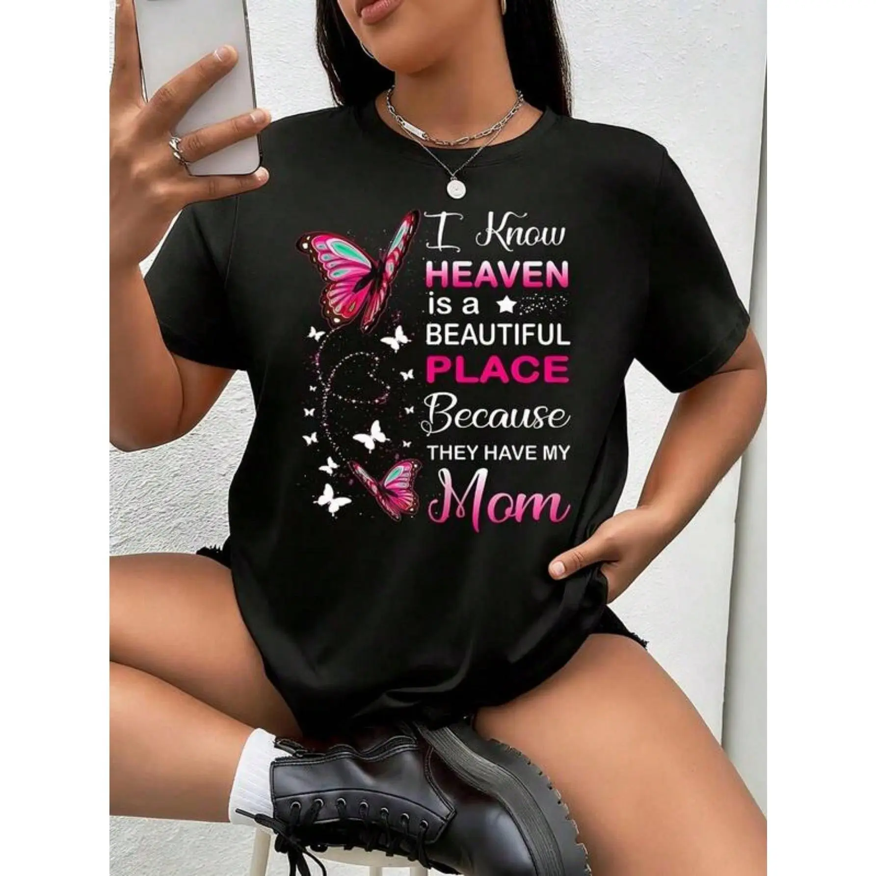 Mom Is My Guardian Angel In Heaven Memorial Day 1 Pcs Women's T-Shirt Funny Graphic Short Tee Novelty Shirt Crew Neck Top Casual Clothing graphic t-shirt trendy