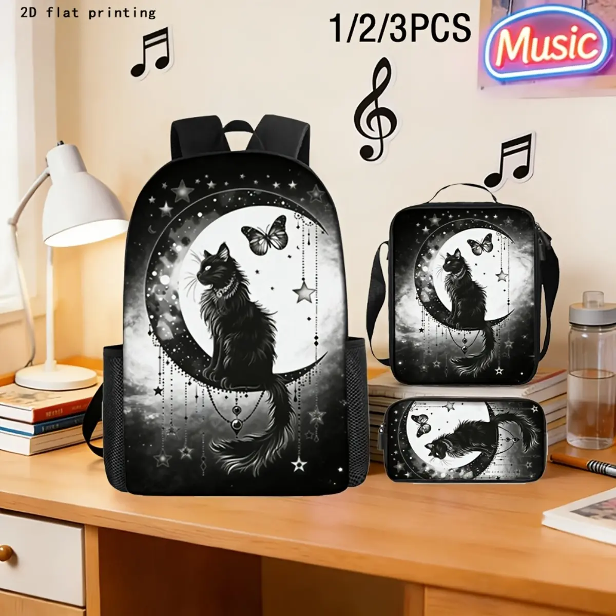 3pcs Black Cat and Moon Backpack, 2D Flat Printing with Star and Butterfly Design, High-Capacity Backpack, Pencil Case, and Crossbody Bag, Suitable for Daily Commuting or Casual Outings, Perfect Gift