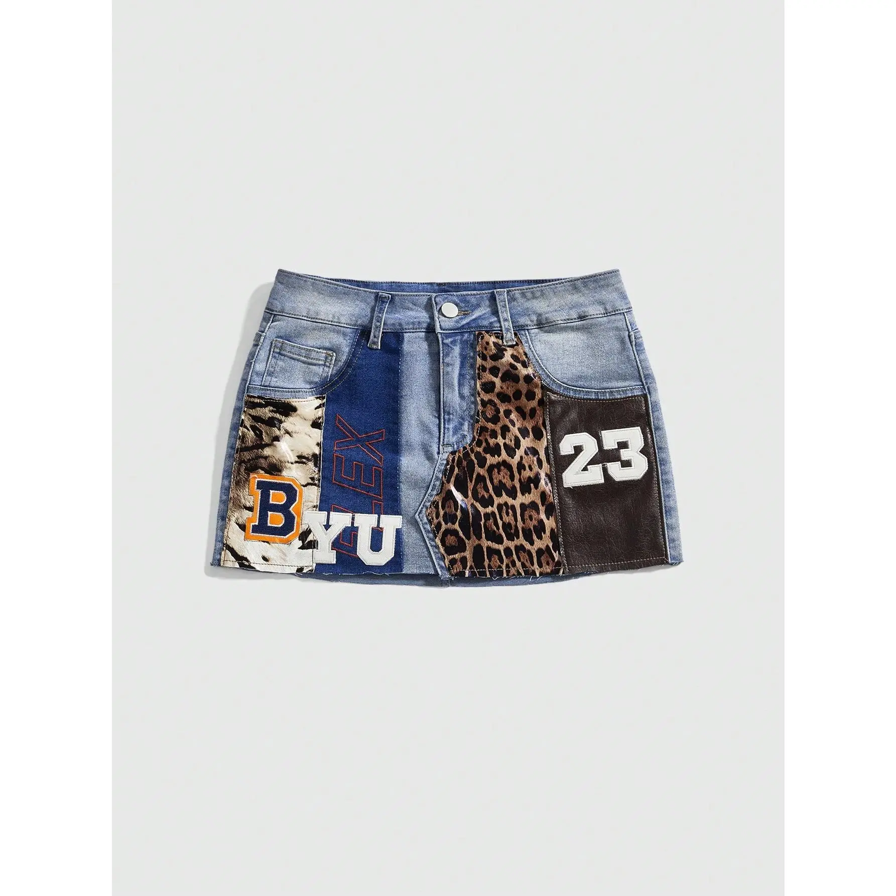 Women's Retro Punk Rock Festival Leopard Print Patchwork Denim Mini Skirt, Super Low Waist