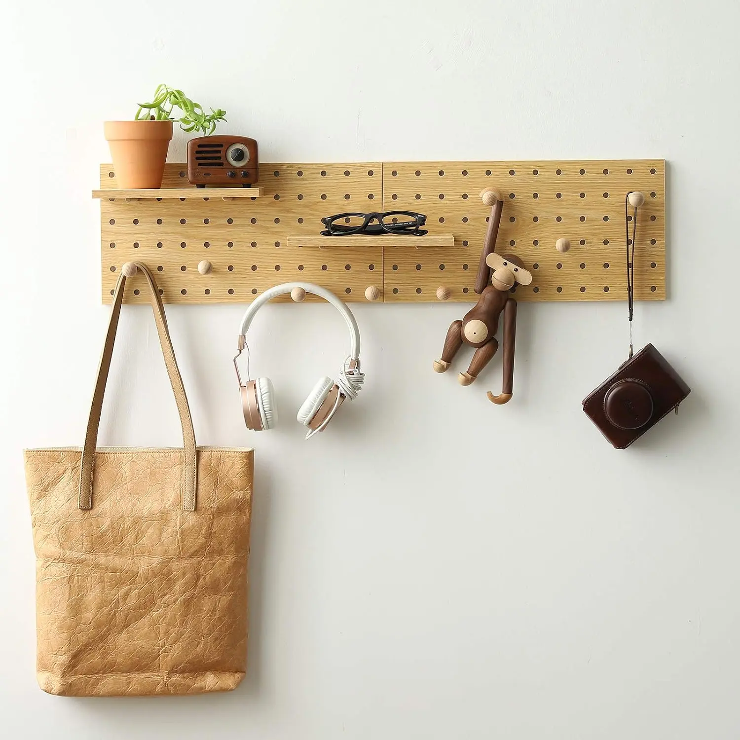 Oak Wooden Pegboard Organiser Kit - Adjustable Size Modular Display Set with Wall Hooks and Shelves for Home Organization, Modular Panels, Perforated Grid