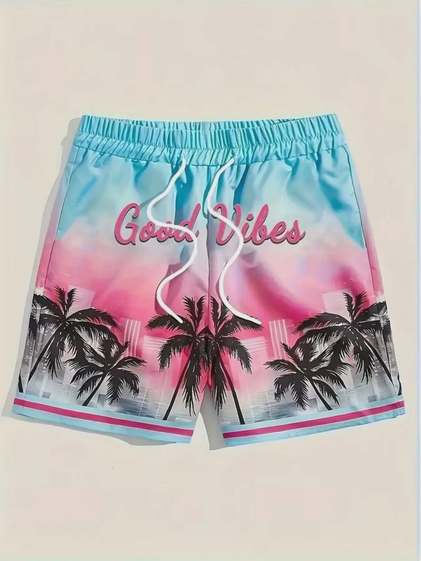 Good Vibes Tropical Style Beach Shorts, Loose Fit Men's Swim Trunks, All over Print, Drawstring Waist, Summer Essentials