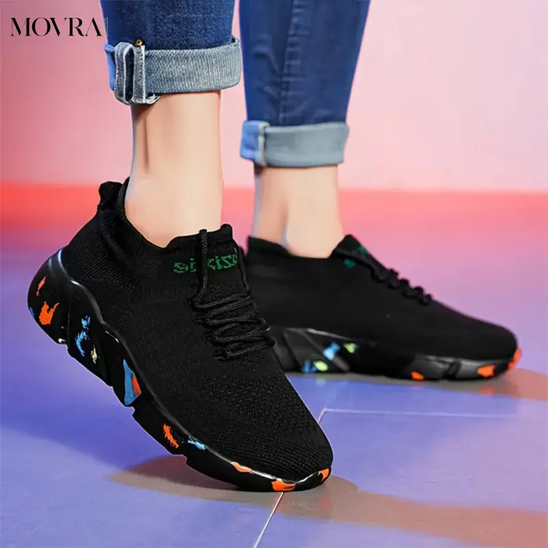 MOVRA1 Stylish Low Top Fit Female Shoes - Breathable Flying Woven Lace-Up Lightweight Sneaks, Multi-Size Sports & Outdoor Casual Wear Footwear for Women, Breathable Lace-Up