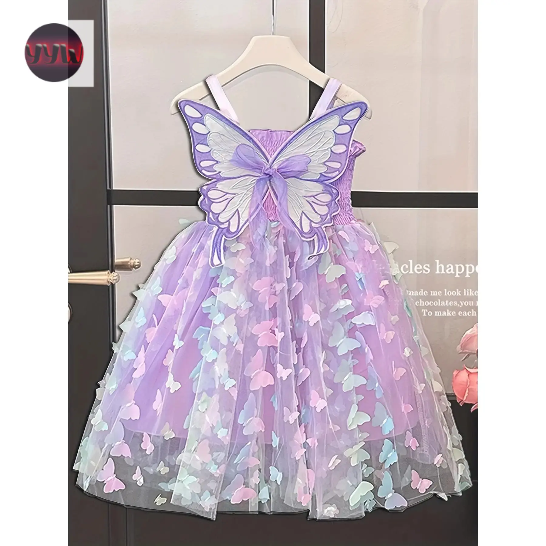 YYW1 Girls' Off-Shoulder Woven Princess Dress - Sleeveless Tulle, Gradient Pink to Lavender A-Line Mid-Length, Floral Hem, Accent, Machine Washable Dance Performances, Parties