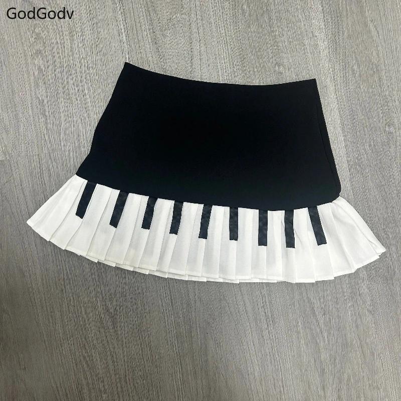 Spring Black White Spliced Women Short Skirt 2025 Y2k Slim Design Harajuku Mini Skirt Female Empire Korea Style Chic Piano Skirt