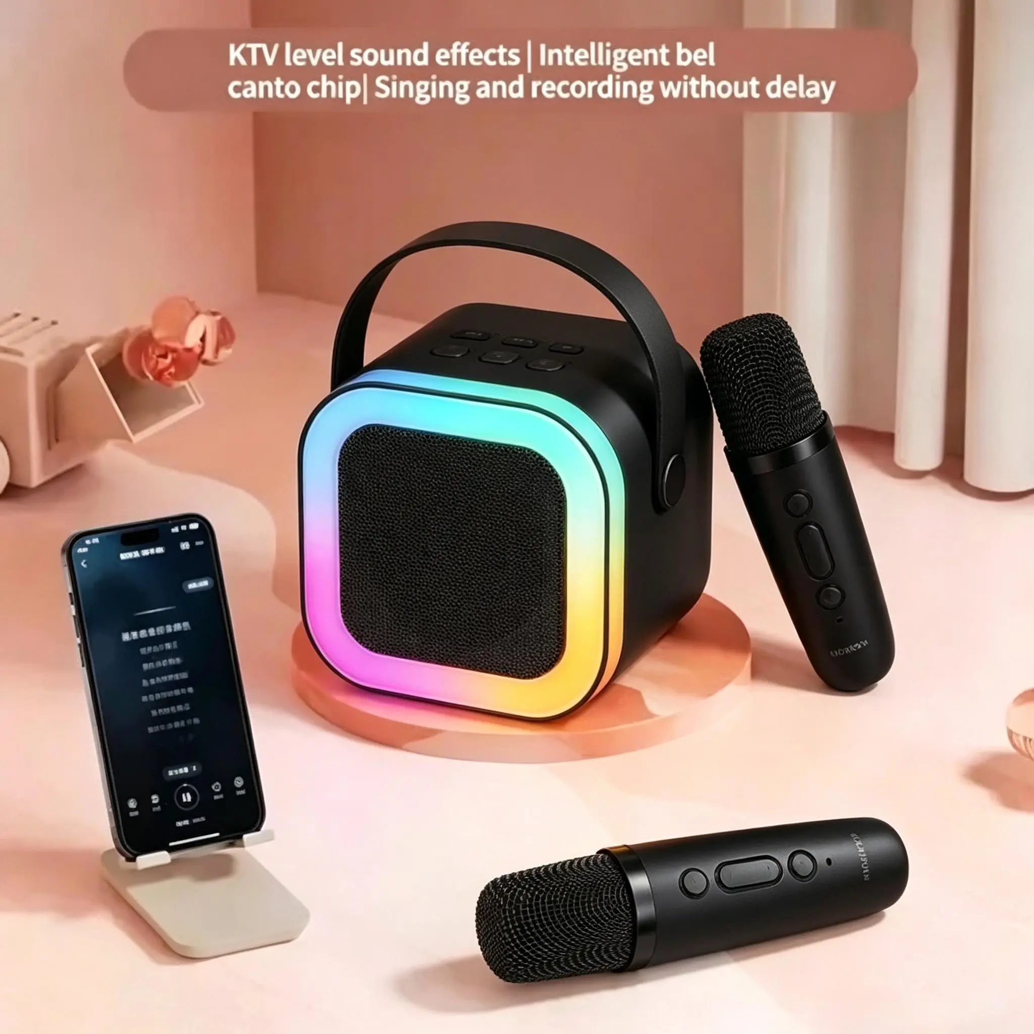 K12 Mini Karaoke Wireless Audio Speaker, Rechargeable Podcast Bundle with Bluetooth Ribbon Mic & Hands Free Microphone Holder, Portable Entertainment Gear for Outdoor Camping and Home Singing ribbon mic hands free the bluetooth up basketball micro rv