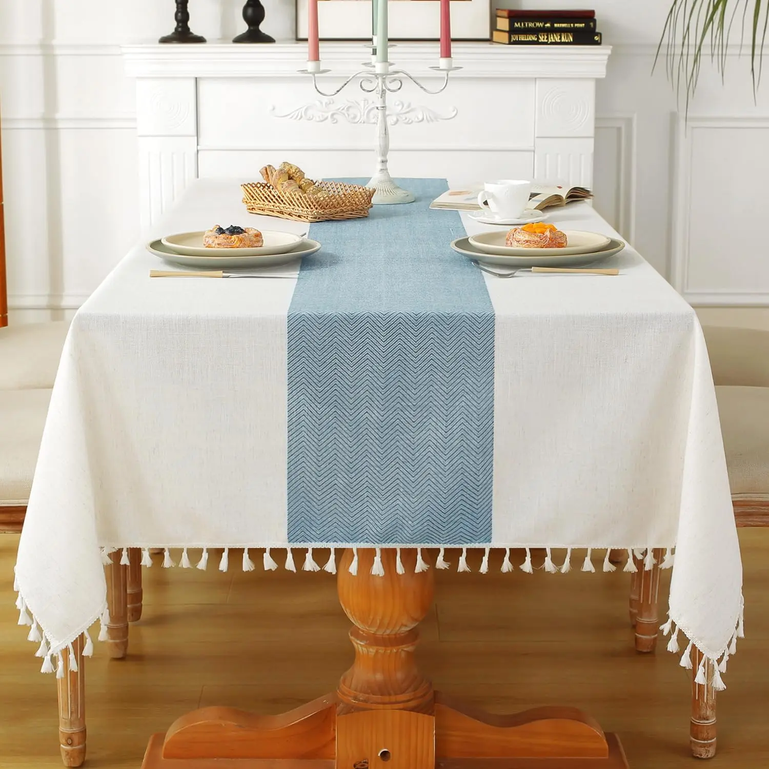 Rustic Cotton Table Cloth,Tablecloths for 6 Foot Rectangle Tables,Waterproof Washable Tablecloth with Tassel Rectangle/Oblong, 55''x 86'', 6-8 Seats