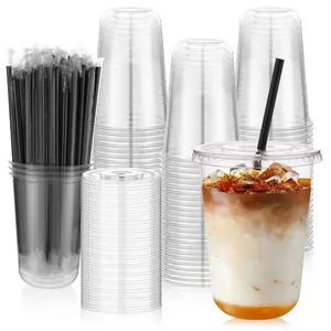 100-Pack 16oz Clear Disposable Plastic Cups with Lids & Straws – Round Bottom Iced Coffee Cups for Smoothies, Slushies & Lemonade, Trending Party & Picnic Supplies, BPA-Free, Perfect for Halloween Pumpkin Latte