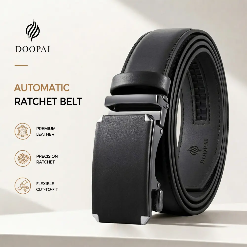 DOOPAI Men's 2-Pack Genuine Cow Hide Auto Buckle Micro Adjustable Belts Cut to Fit for Workwear & Golf Ideal Unisex Father's Day Gift
