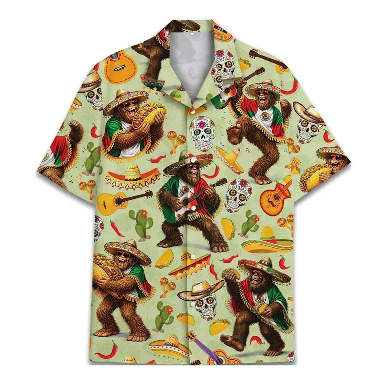 Taco Fiesta Mexican Style Bigfoot Hawaiian Shirt, Sugar Skull Cactus Guitar Print Short Sleeve Button Up Aloha Top for Men Summer Vacation # TikTokMadeMeBuyIt # BigfootShirt # FiestaAloha # MexicanHawaiianShirt # TacoPrintTop