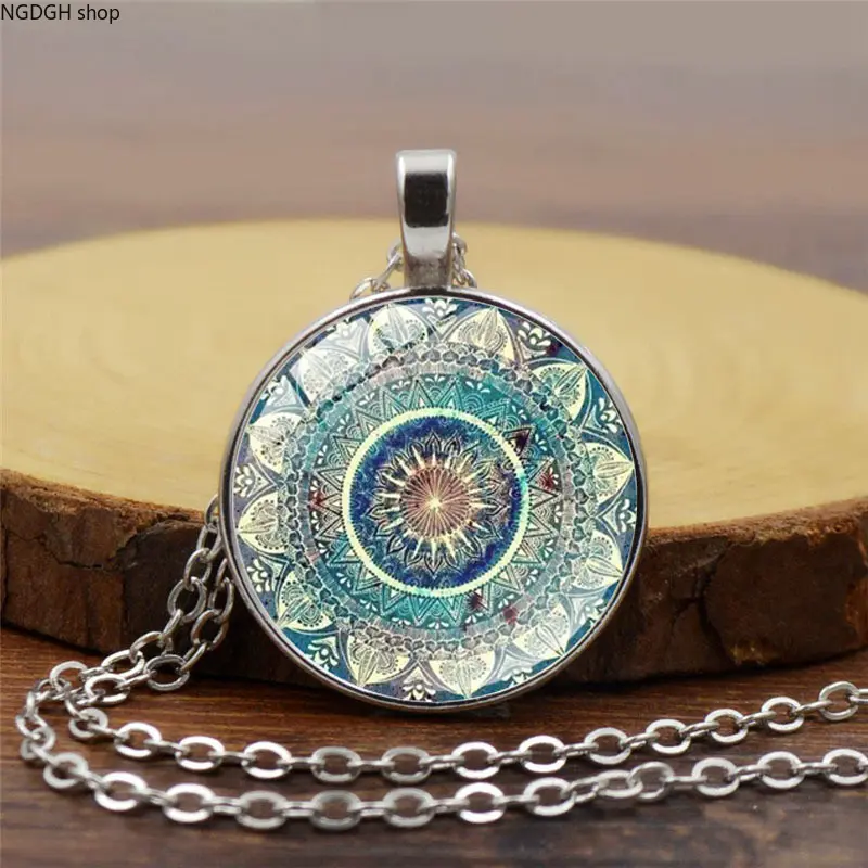 Bohemian Mandala Necklace for Women, Blue Teal Crystal Glass Pendant on a Long Dainty Vintage Chain for Daily Wear & Meditation, Long Chain Necklace, Dainty Length, Long Necklace