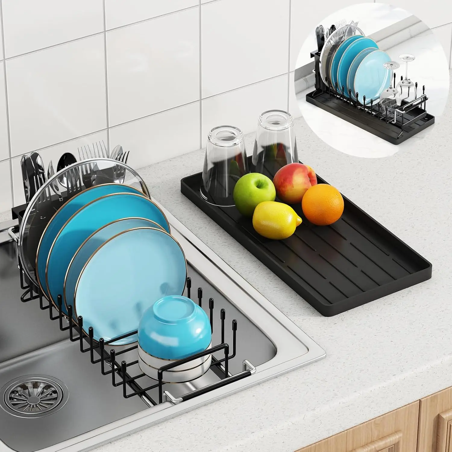 Sink Dish Drying Rack - Expandable Small Dish Rack Over Sinks with Silicone Drying Tray, Dish Drainer for Kitchen Counter with Cutlery Holder, Drying Rack Fit for 14’’-19’’ Kitchen Sink